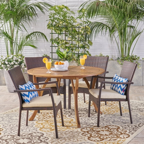 Baldwin Outdoor 5 Piece Acacia Wood and Wicker Dining Set with Cushions, Teak, Brown