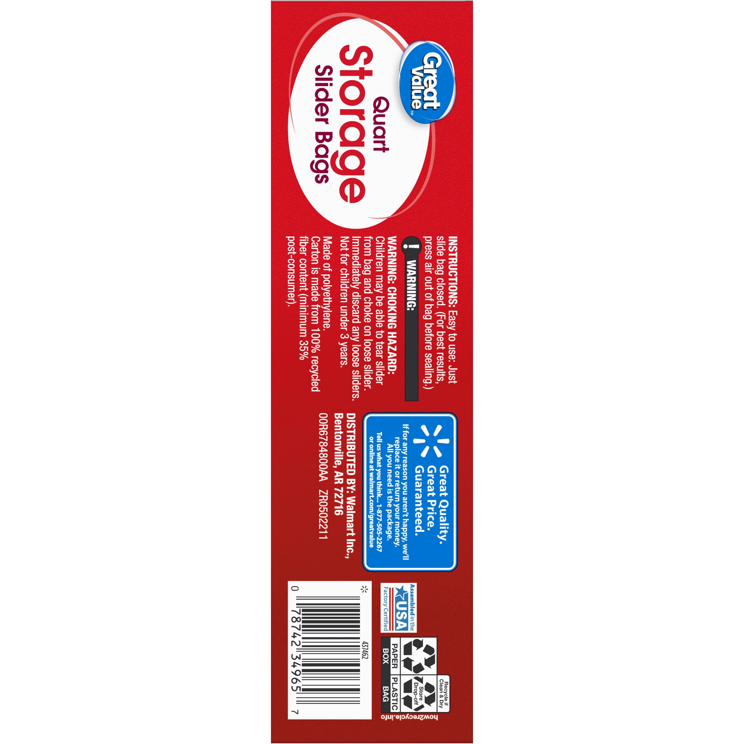 Great Value Fresh Seal Quart Storage Slider Zipper Bags, 25 Count