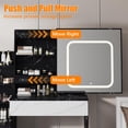thumbnail image 2 of Vanity Desk Set with Sliding LED Mirror, Adjustable Brightness 3 Color Lighting, Built-in Power Outlet, 4 Drawers, Open Shelves and Cushioned Stool, Modern Makeup Dressing Table, 2 of 6