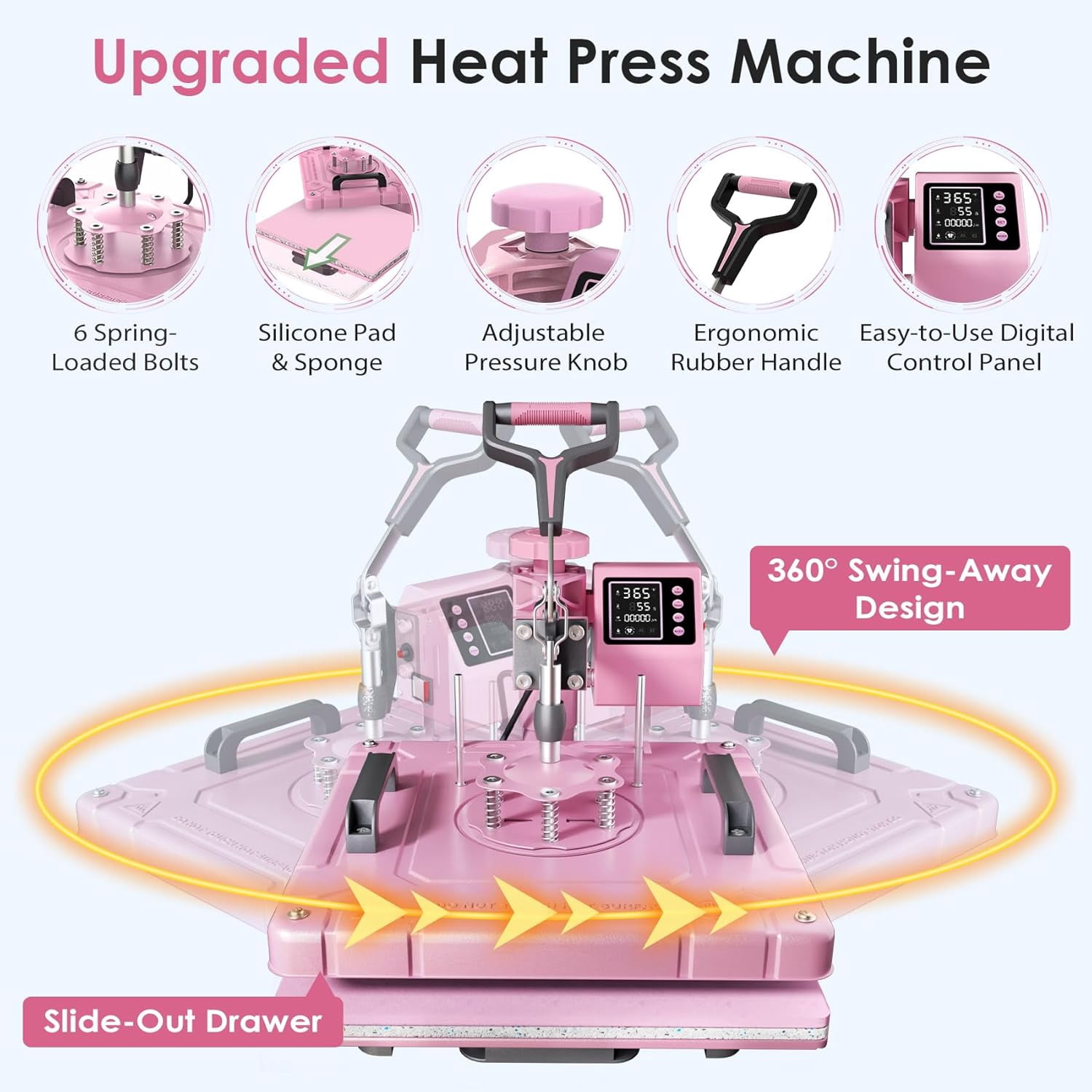 DKMOCO 8 in 1 Heat Press Machine with 30OZ Tumbler press, 15"x15" 360-Degree Swing Away Digital Heat Transfer Sublimation for Mugs Hat Plate Cap T Shirts,Pink