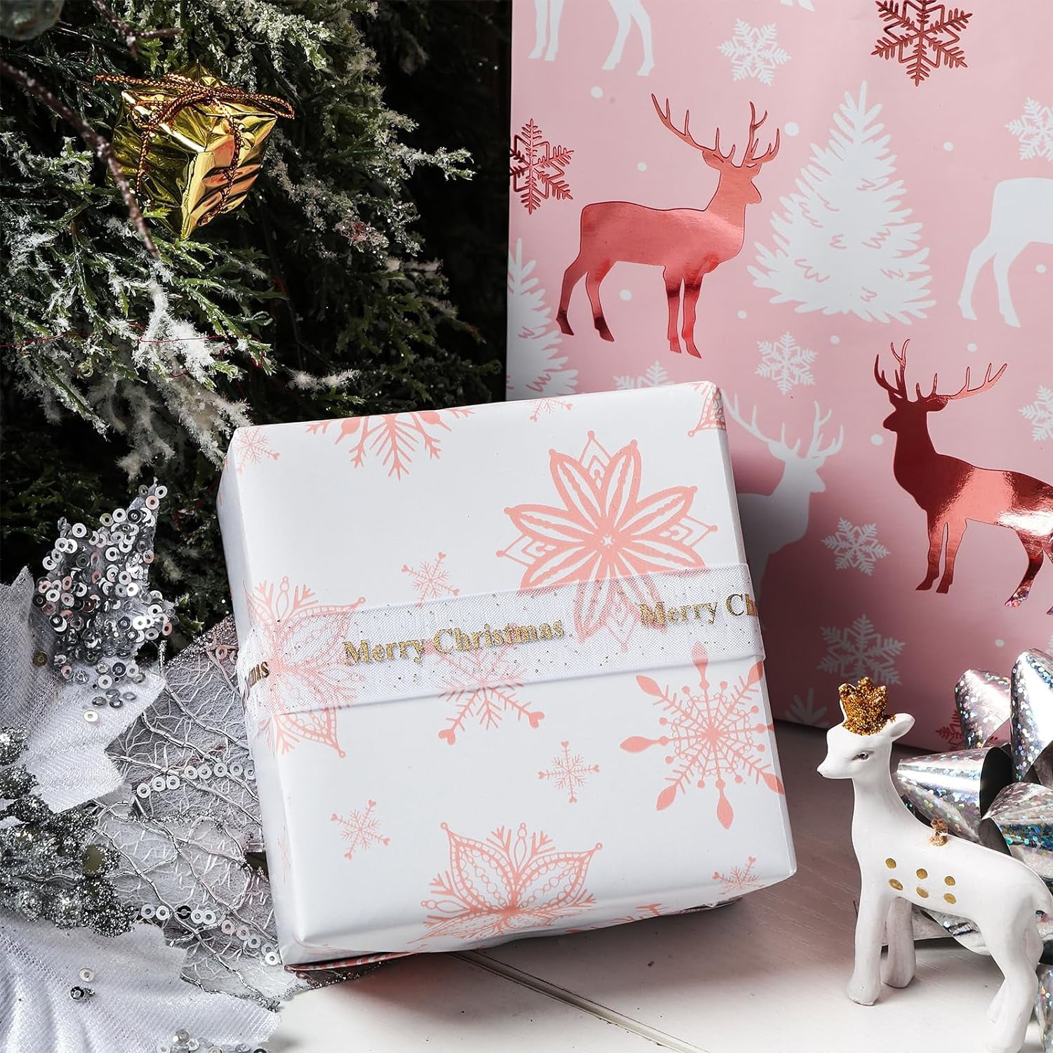 Christmas Wrapping Paper Roll - Santa, Snowflakes and Reindeer Rose Gold