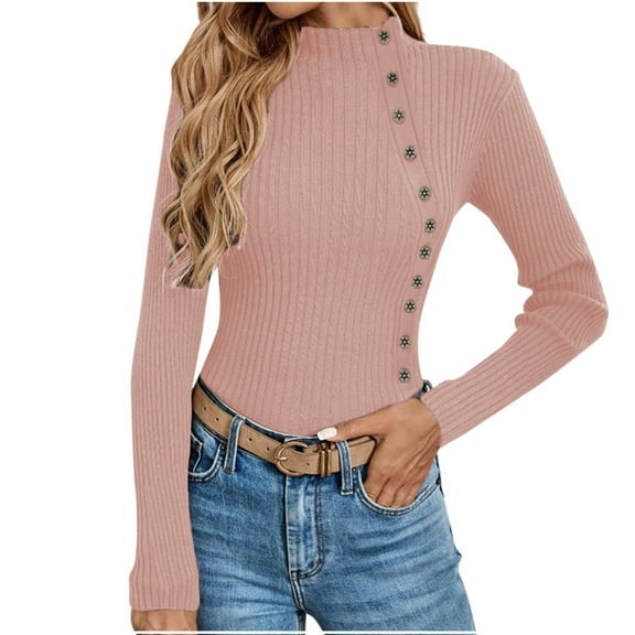Olyvenn Sweater for Women Solid Casual Turtleneck Button Pullover Knitted Base Pullover Slim Fit Versatile Ribbed Stretch Tops Pink M