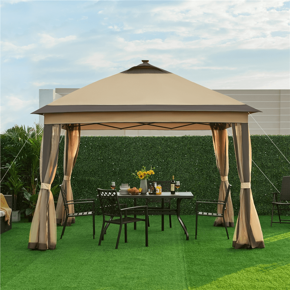 Alden Design Pop-Up Canopy Metal Frame Outdoor Gazebo with Double Tiers and Mesh Netting Solar LED Lights for Weddings Patio Garden Khaki/Brown