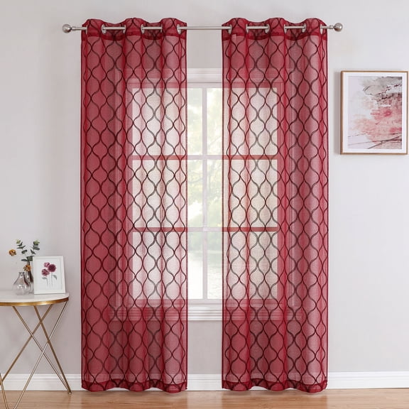 Pinewave Sheer Light Filtering Moroccan Geometric Grommet Curtain, Set of 2, Red, 38"W x 84"L