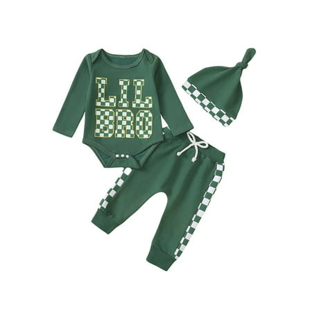 Woshilaocai Baby Boys Set Letter Print Plaid Long Sleeve Romper Long Pants Hat