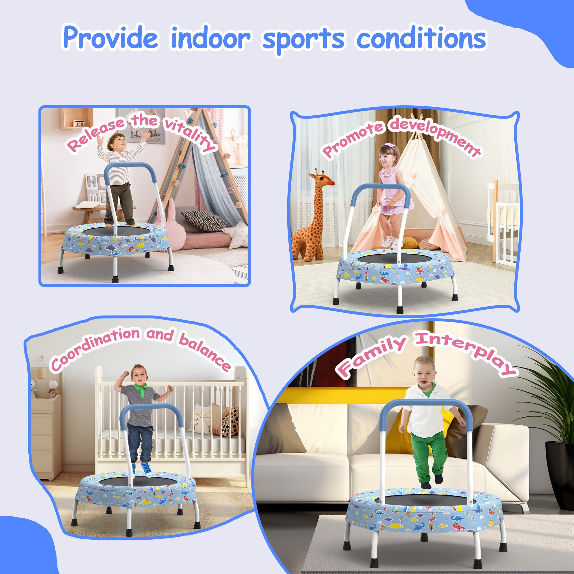 28" Mini Trampoline for Kids with Handle, Toddler Trampoline, Exercise Rebounder with Foam Handle, Indoor Trampoline, Kids Mini Trampoline, Small Rebounder Trampoline for Indoor and Outdoor Use