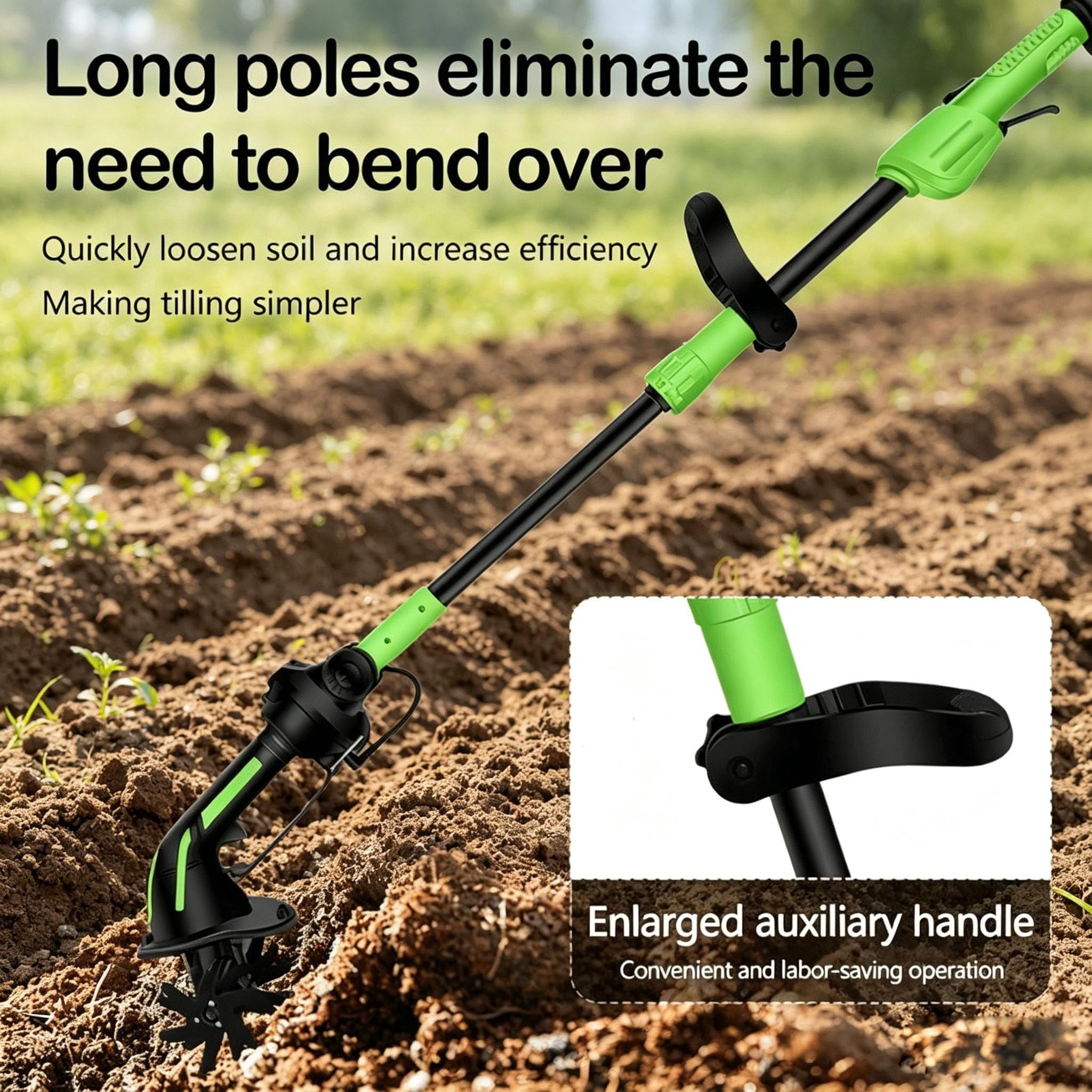 2-in-1 Cordless Tiller & Cultivator with Extension Pole, 2026 Rechargeable Garden Rototiller, Lightweight Handheld Soil Cultivator for Lawn, Yard, Flower Beds & Vegetable Gardens