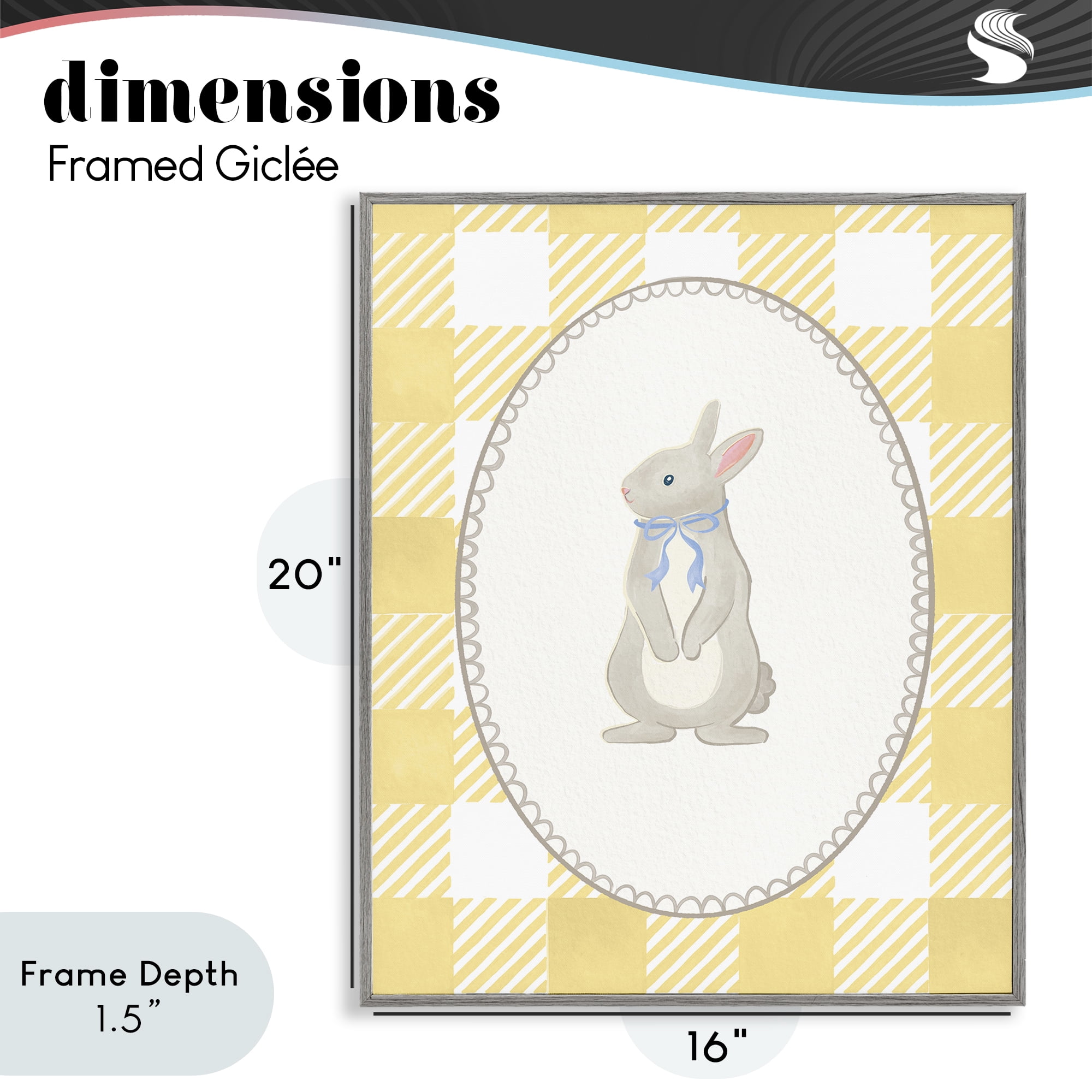 Stupell Industries Little Bunny on Yellow Gingham Gray Framed Giclee Art, design by The Paper Curator