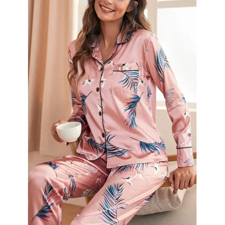 

Women‘s Sleepwear Comfortable Tropical Print Contrast Binding Satin Pajama Sets For Valentine‘s Gifts