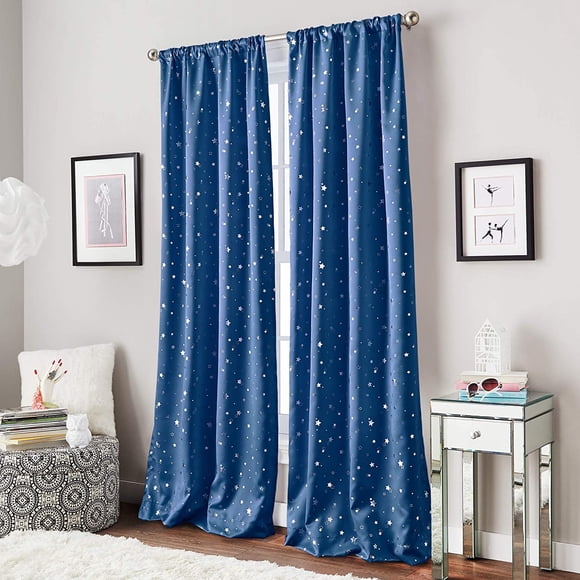 Curtainworks Starry Night Room Darkening Rod Pocket Window Curtain Single Panel, Navy, 40 X 84 inch