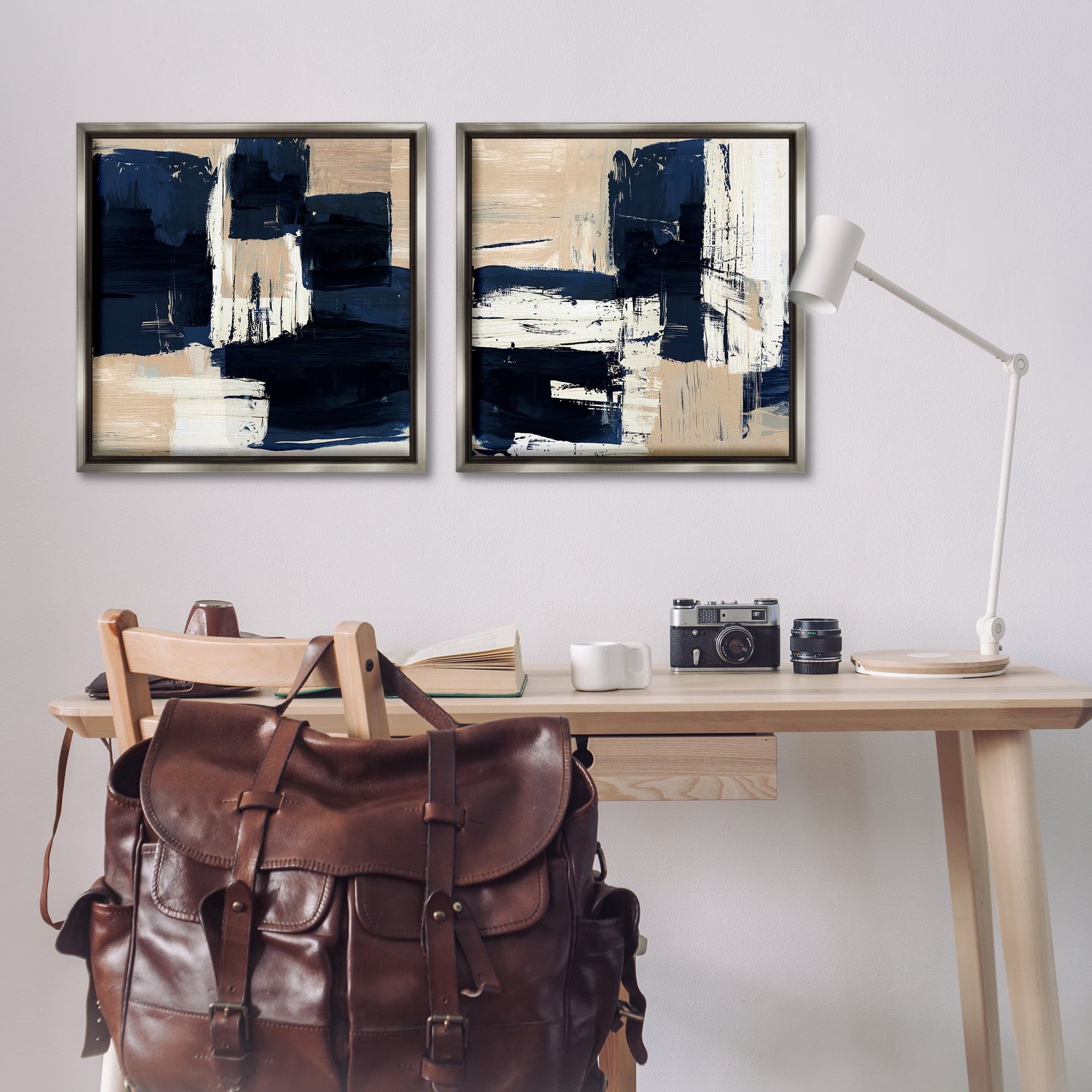 Stupell Industries Abstract Navy Neutral Abstract Painting Gray Floater Framed Canvas Art Print Wall Art, 25 x 25, Set of 2