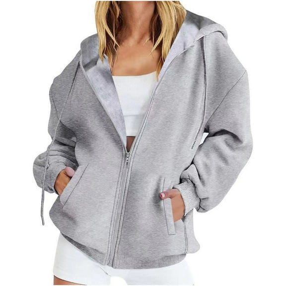 Lovskoo 2024 Women's Full Zip Sweatshirt Oversized Fleece Jacket V-Neck Tops Long Sleeve Hooded Blouse Sweatshirt Gray