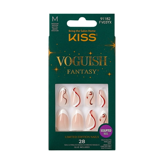 KISS Voguish Fantasy Holiday Press-on Nails, Pine Trees, White, Medium Length, Almond Shaped, 28 Count