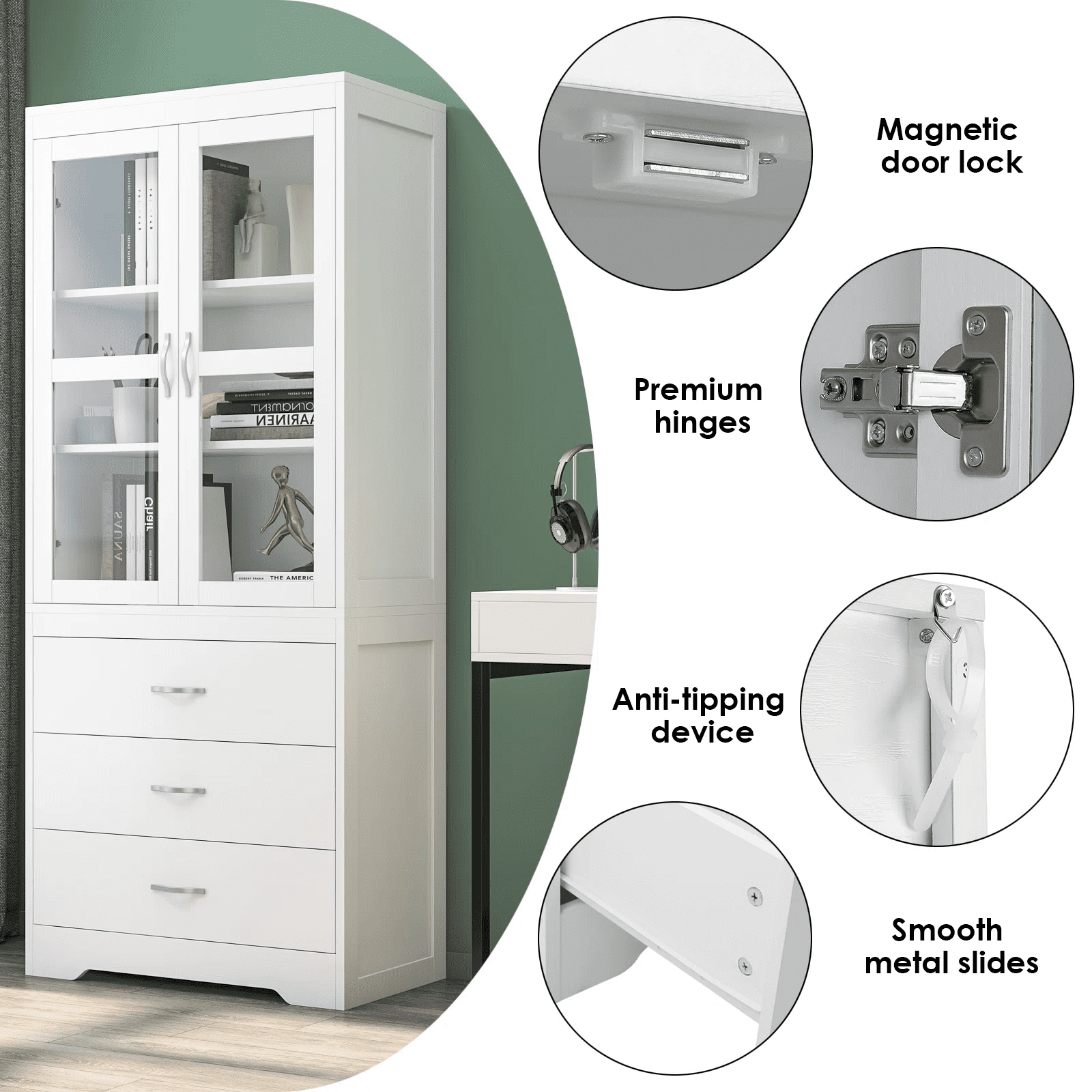 Homfa Tall Kitchen Pantry with 2 Glass Doors, Large Drawer Storage Cabinet  with Adjustable Shelves for Dining Room Living Room, White 