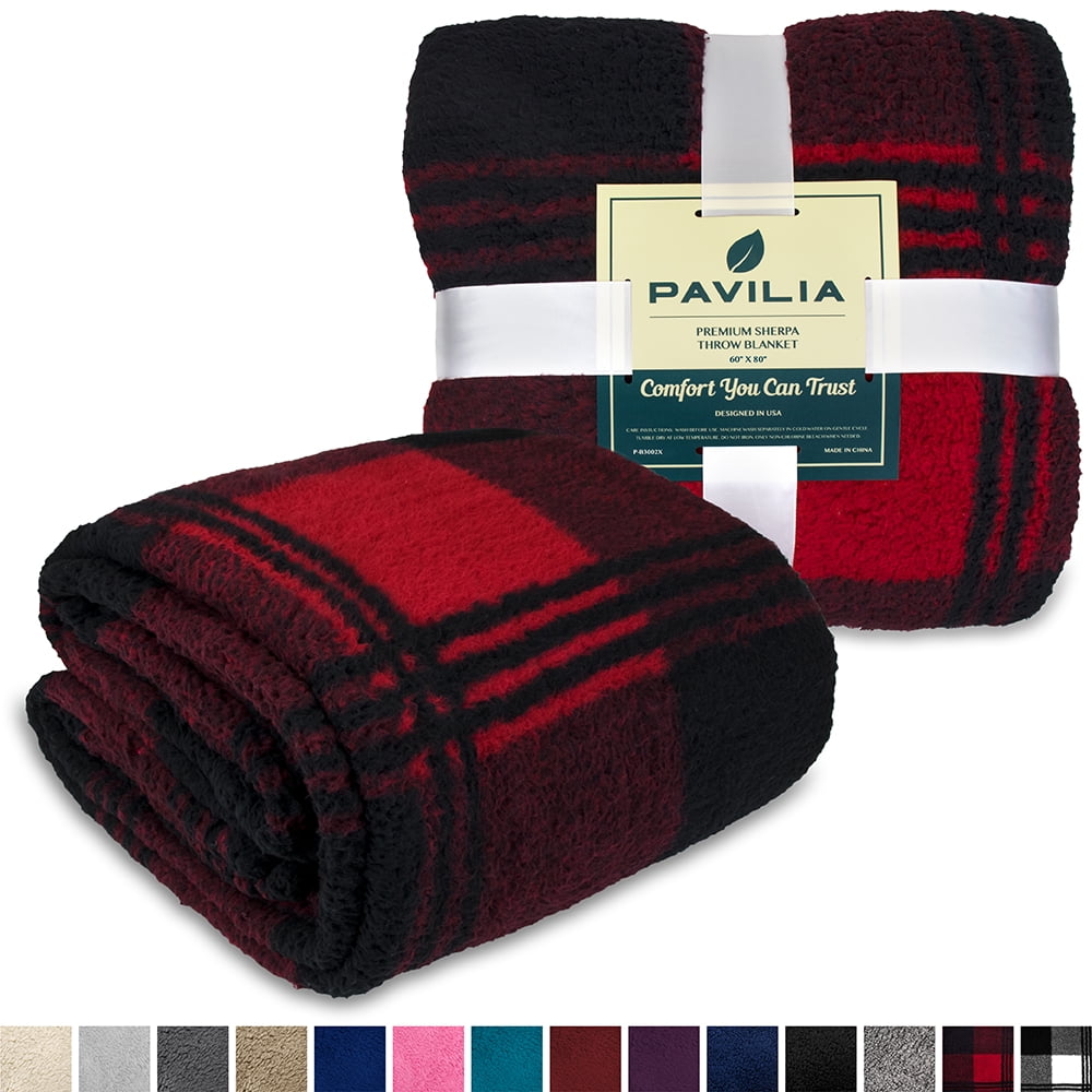PAVILIA Buffalo Check Sherpa Twin Bed Blanket Black Red Checkered