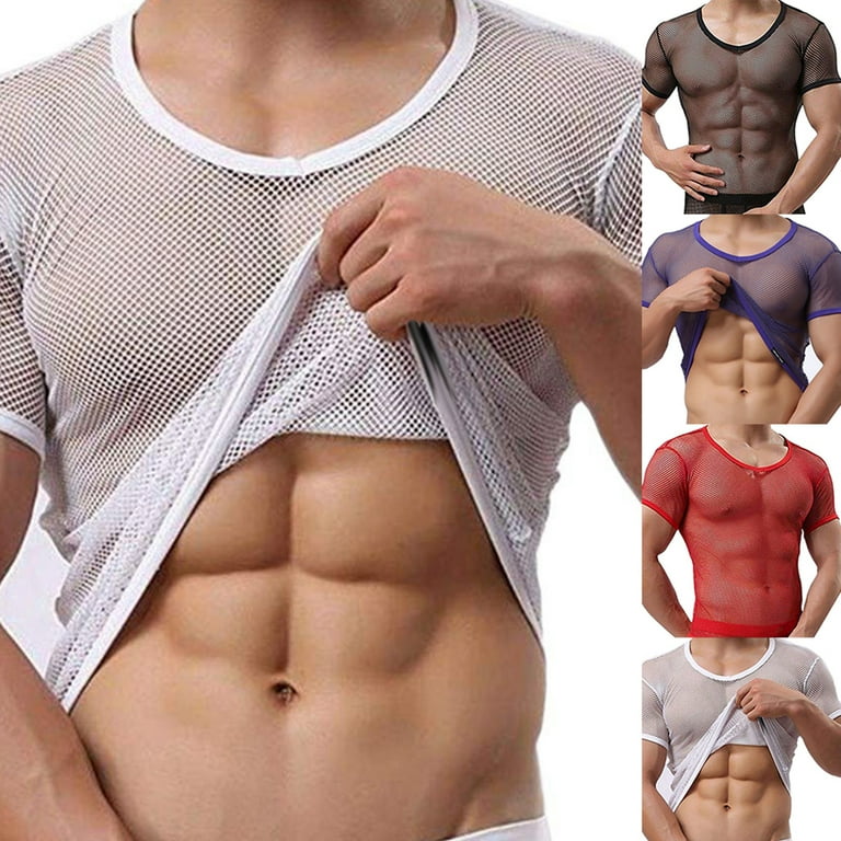 DISHAN T-shirt Mesh Breathable Men See Through Top for Sports 