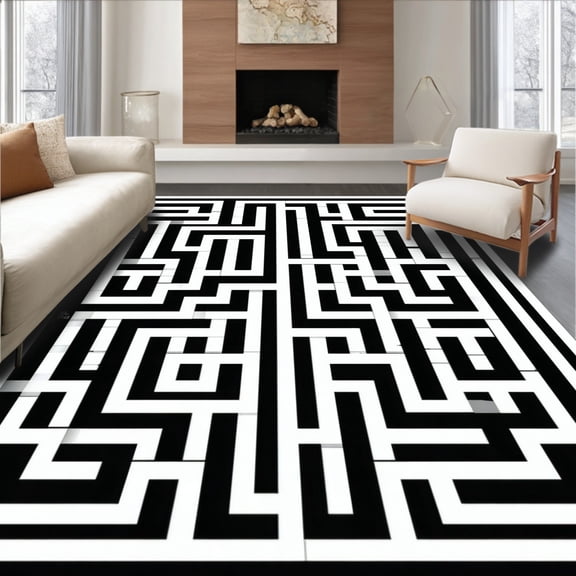 ODIKA 4'x6' Machine Washable Non-Slip Area Rug, Monochrome Maze Modern Geometric Black And Patterned High Traffic Rug, Black, 87211