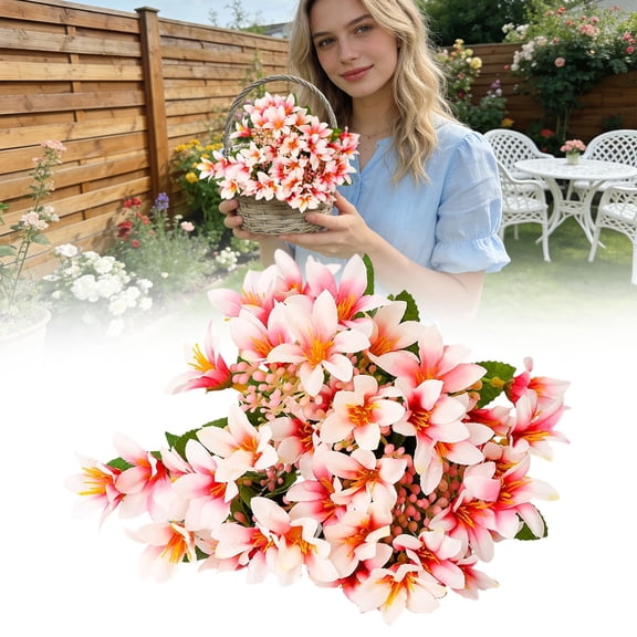 12.6" Artificial Princess Lily Bouquet - Hot Pink Silk Fake Lilies with Berry Accents, Faux Floral Stems for Home Table Centerpieces, Wedding Bouquets & Outdoor Garden Decor