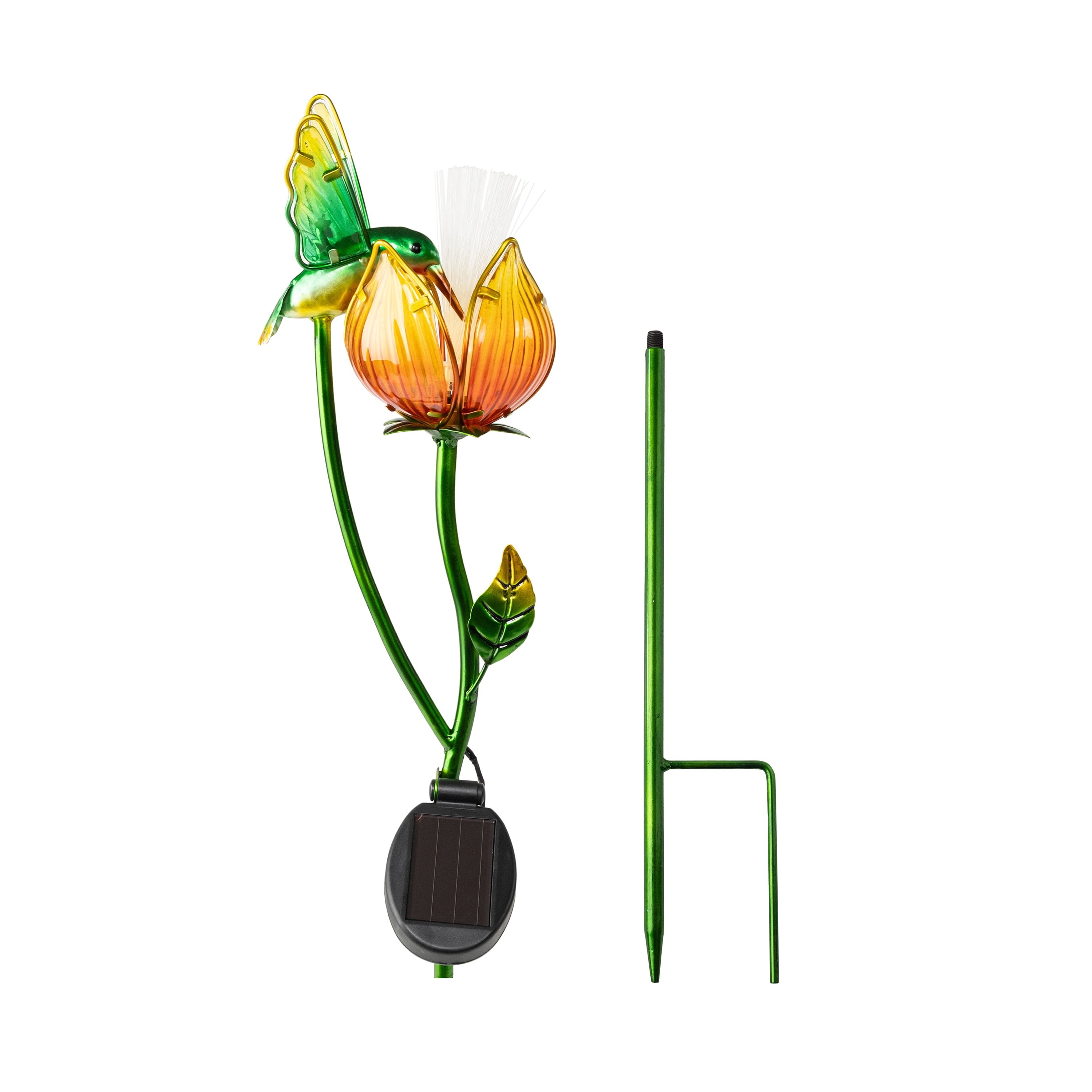 Better Homes & Gardens Solar LED Flower With Hummingbird Glass & Metal Stake Light Outdoor Décor, 5.7"W x 6.5"D x 28.1"H, 1.1 lb weight