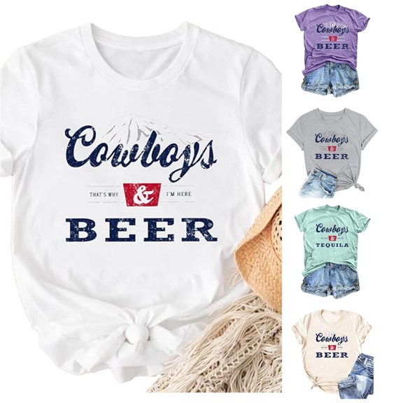 Trendfront Womens Cowboys Letter Print Tee Summer Fashion Crewneck T-Shirts Short Sleeve Classic Retro Graphic Pullover Trendy Shirts