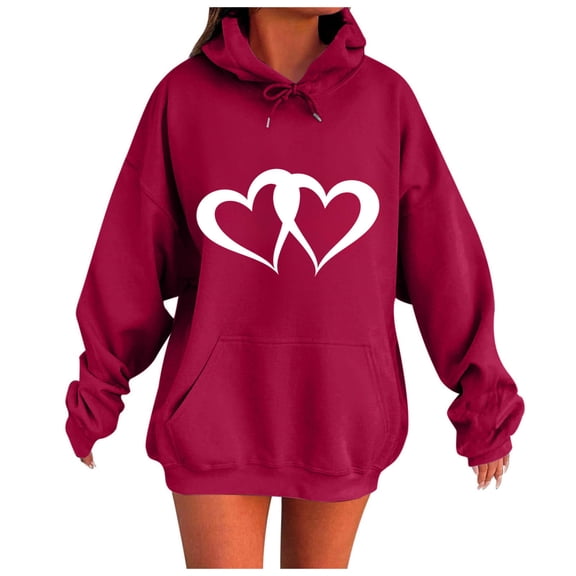 Dagegui Baggy Sweatshirt for Women Oversized Casual Long Sleeve Pullover Hoodies Trendy Heart Print Drawstring Hooded Tops with Pockets Red S