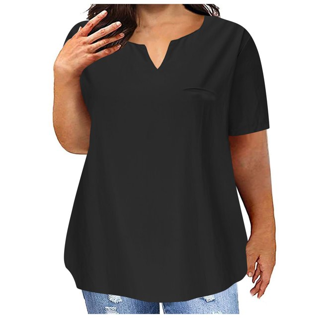 Top de Manga Corta de Verano para las Mujeres de Tamaño Grande Falso Bolsillo V-Cuello Camiseta, Mezcla de Poliéster Algodón Spandex Top Casual, Lavado a Mano Más Tamaño