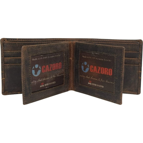 CAZORO Wallets For Men Vintage Leather RFID Protected Large Bifold Double ID Window Wallet With Box Brown