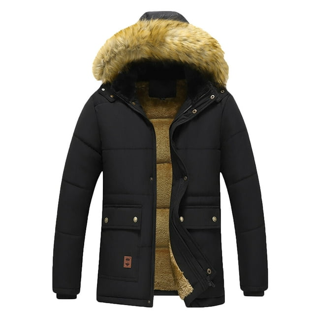 Mceream Men's Thermal Winter Parka Jacket in black, featuring thick fluff lining, cotton padding, and a detachable fur hood. This men's winter coat includes a front zipper closure, snap buttons, and two large front pockets, ideal for extreme cold weather and casual outdoor wear.