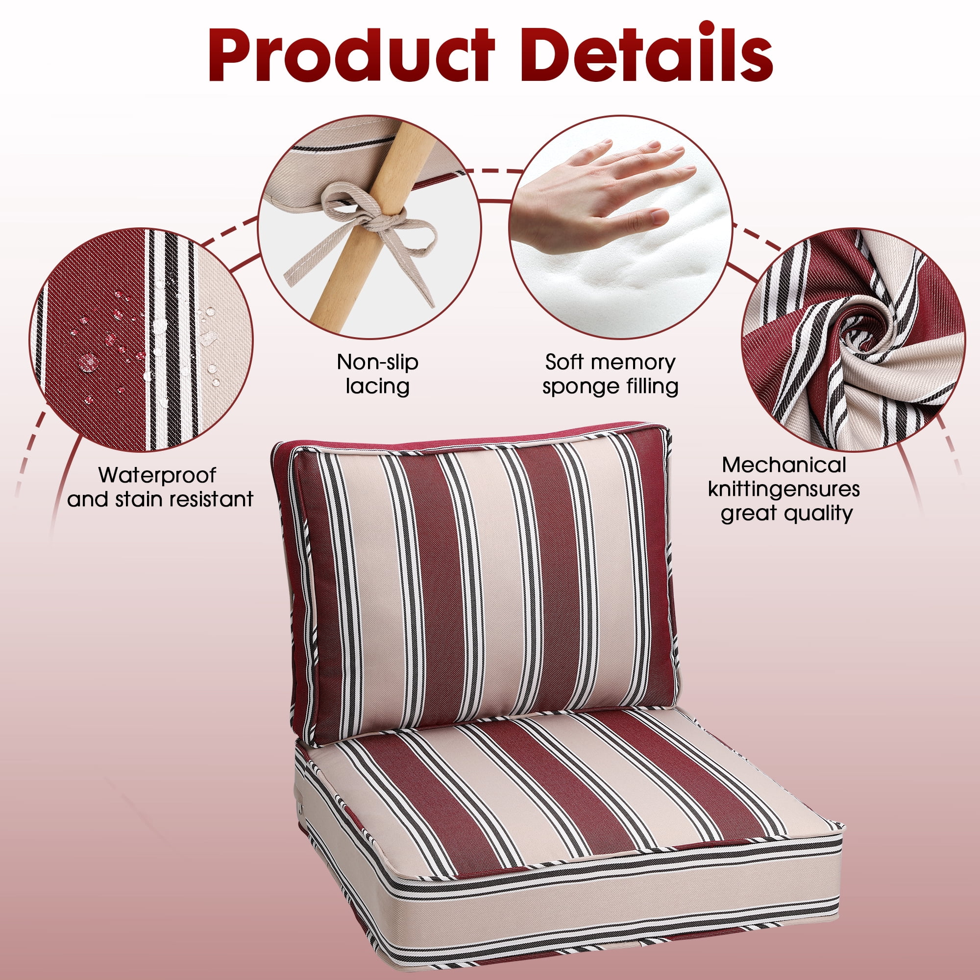 Outdoor Deep Seating Cushion Set, 24" x 24", Waterproof & Fade Resistant Patio Furniture Cushions with Handle, Deep Seat and Back Cushion for Chair and Sofa (2, Red Stripe)