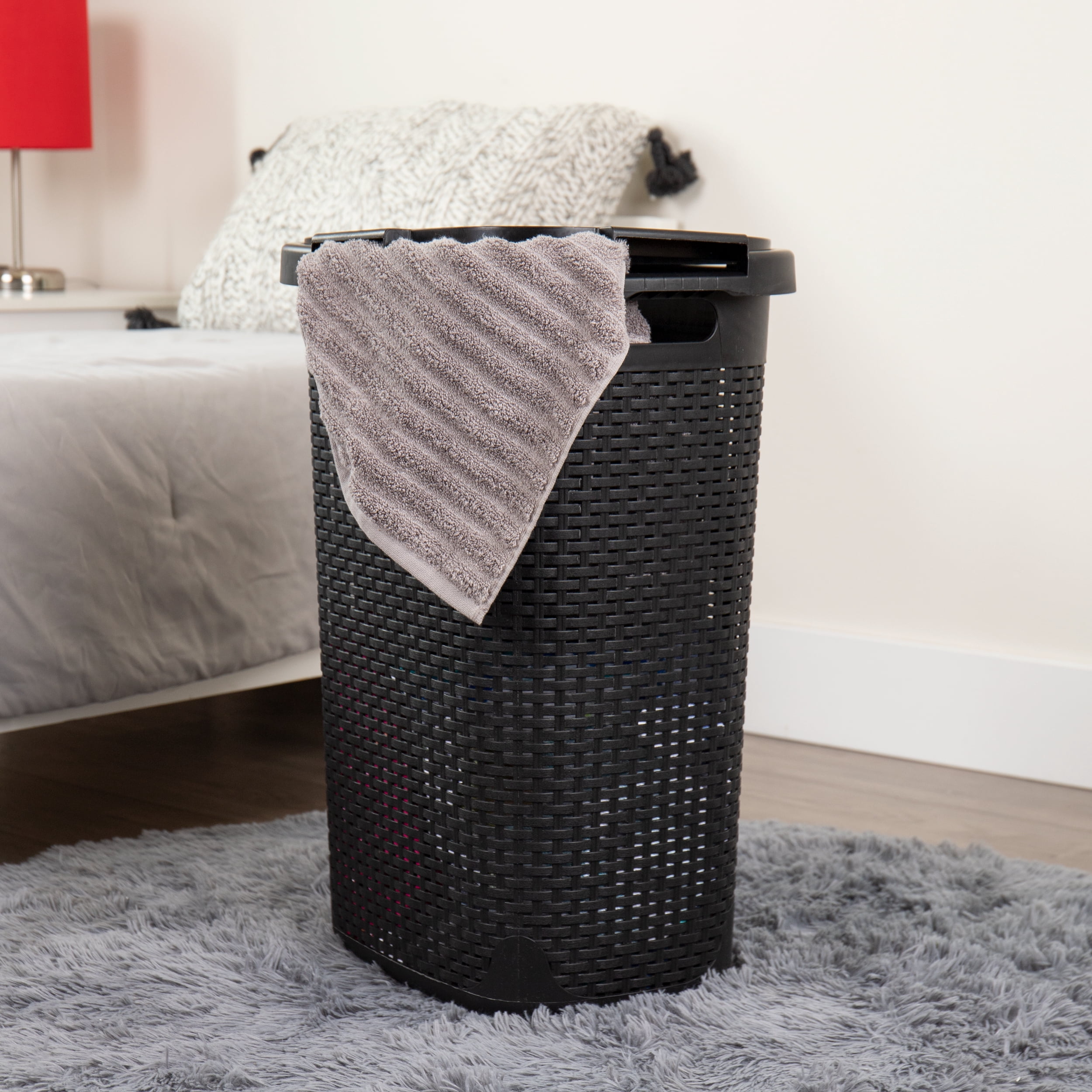 Mind Reader 60L Slim Laundry Hamper, Clothes Basket, Lid, Wicker Style, Plastic, 17.65"L x 13.75"W x 24.15"H, Set of 2, Black