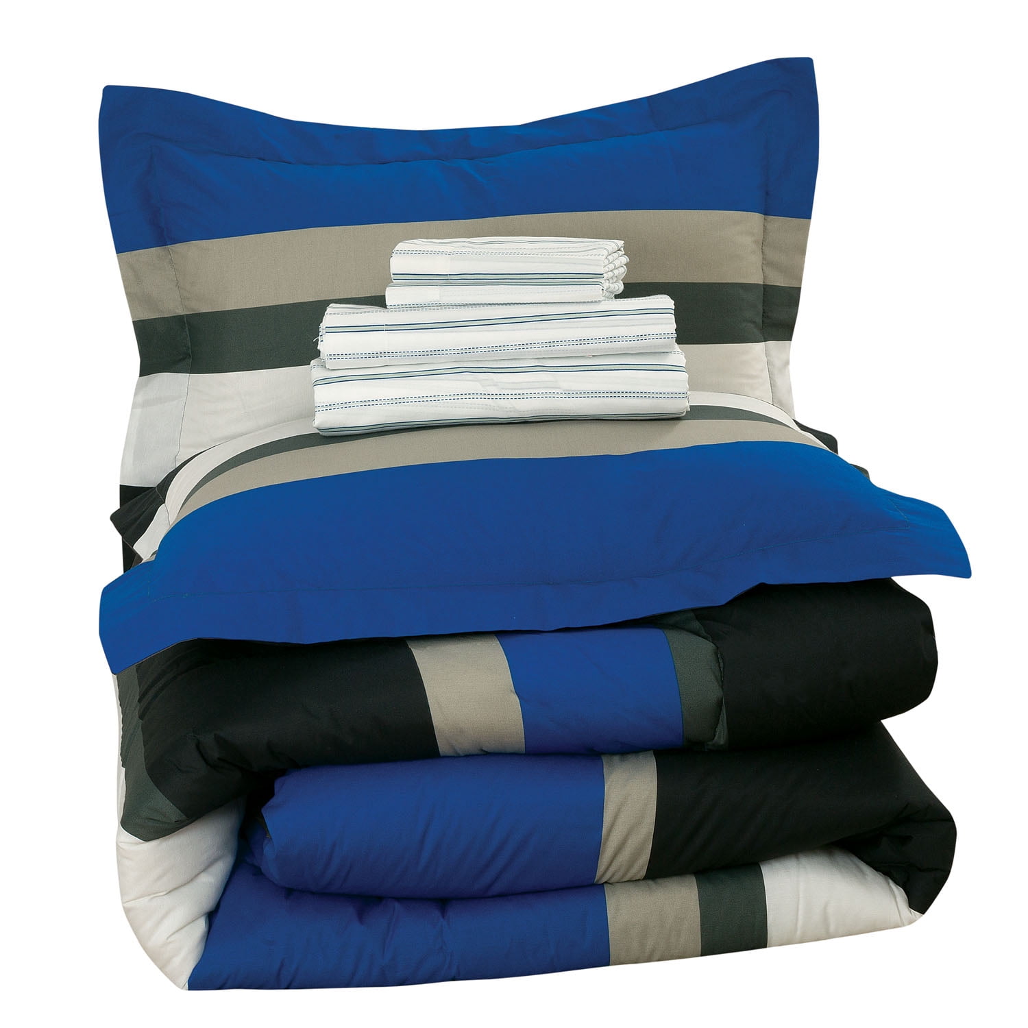 Queen Comforter Set, Rugby Stripe Blue Reversible Bed in a Bag