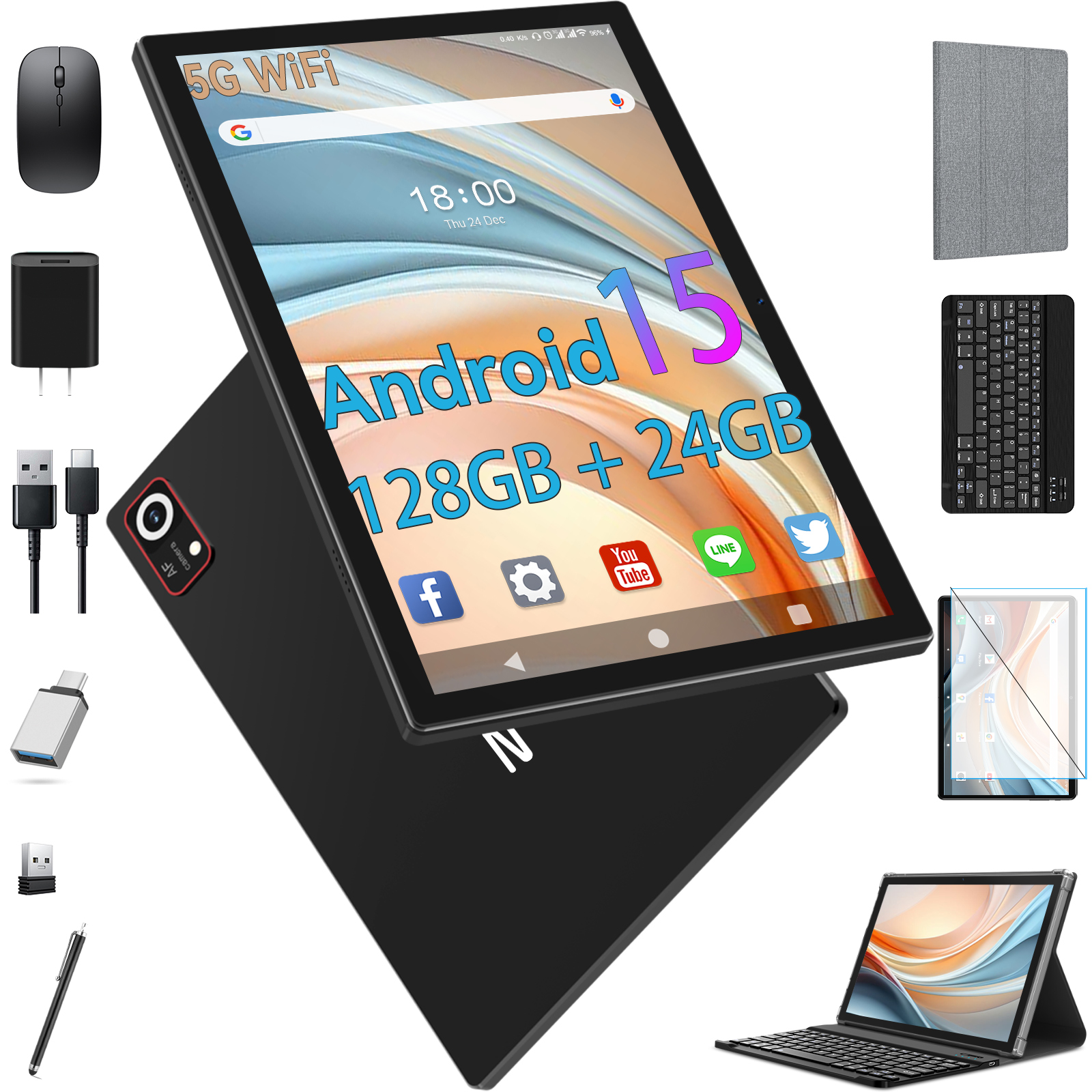 Android 15 Tablet,10 Inch Android Tablet,128GB+24GB+1TB Expand,5G WiFi,Octa-Core,Unisoc T606 CPU,7000mAh,BT 5.0,GPS,13MP+8MP Dual Camera,Face Unclock,HD Display,Touchscreen,Tablet with Keyboard
