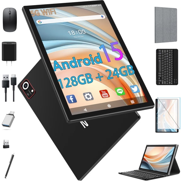 Android 15 Tablet,10 Inch Android Tablet,128GB 24GB 1TB Expand,5G WiFi,Octa-Core,Unisoc T606 CPU,7000mAh,BT 5.0,GPS,13MP 8MP Dual Camera,Face Unclock,HD Display,Touchscreen,Tablet with Keyboard