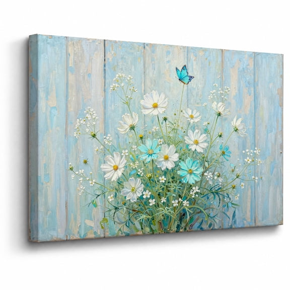 Blue Daisy Butterfly Canvas Wall Art Framed Decor Light Blue Rustic Wood Background Landscape canvas print for bathroom bedroom or living room
