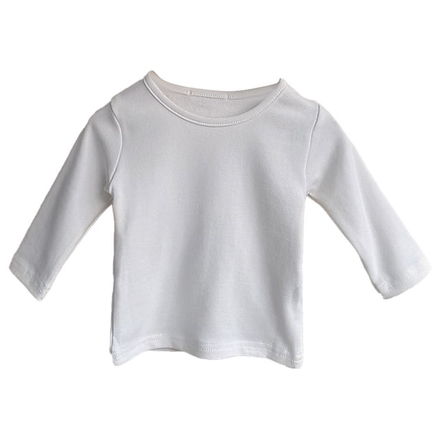 Camiseta de manga larga para niños, camiseta de algodón con cuello redondo para niños, camisa de fondo sólido (blanco)