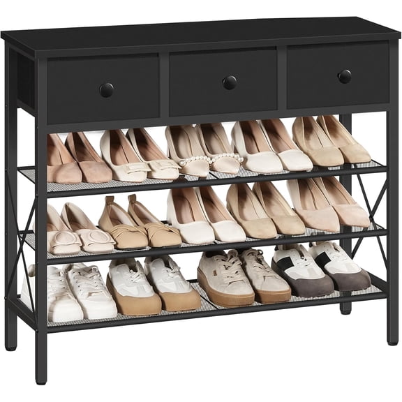 4-Tier Shoe Rack with 3 Drawers, Metal Shoe Organizer for 15 Pairs with Storage Shelves and Wooden Top, for Entryway, Hallway, Foyer, Closet