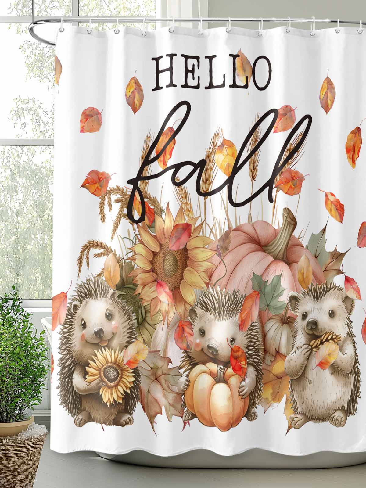 Hello Fall Shower Curtain Set, Waterproof Shower Curtains for Bathroom, Hedgehog Pumpkins Maple Leaf Washable Fabric Cloth Bath Curtain for Bathtub Decoration with Hooks 72x78 Inches