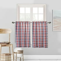 Linen Buffalo Check Tier Curtains for Kitchen, Patriotic Buffalo Plaid Gingham Rod Pocket Cafe Bathroom Curtain, Short Kitchen Window Curtain Sets, 28" W x 24" L,Navy/Red, Set of 2