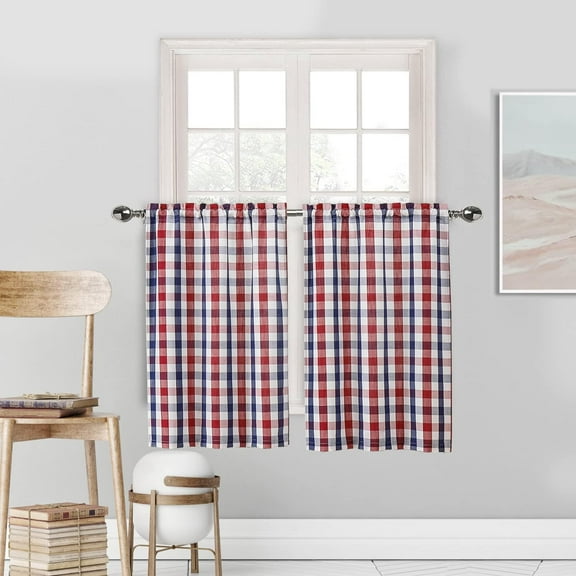 Linen Buffalo Check Tier Curtains for Kitchen, Patriotic Buffalo Plaid Gingham Rod Pocket Cafe Bathroom Curtain, Short Kitchen Window Curtain Sets, 28" W x 24" L,Navy/Red, Set of 2