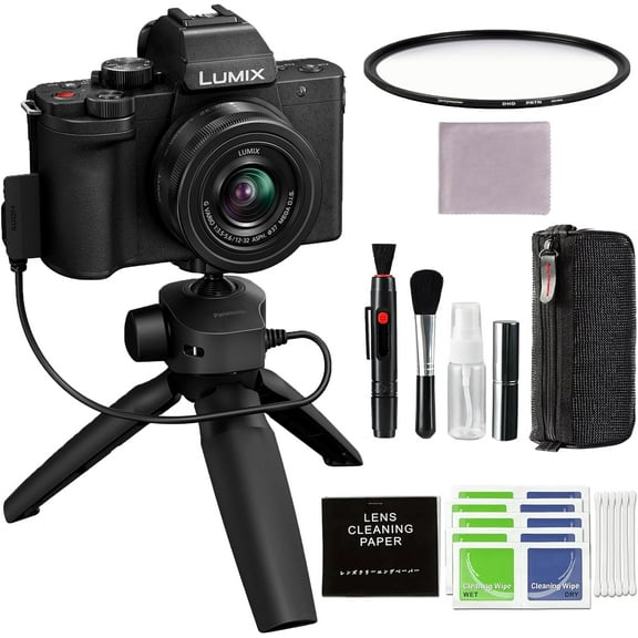 Panasonic Lumix G100 Mirrorless Camera with 12-32mm Lens and Tripod Grip Kit with Pixel Connection Advanced Accessories and Travel Bundle | DC-G100VK