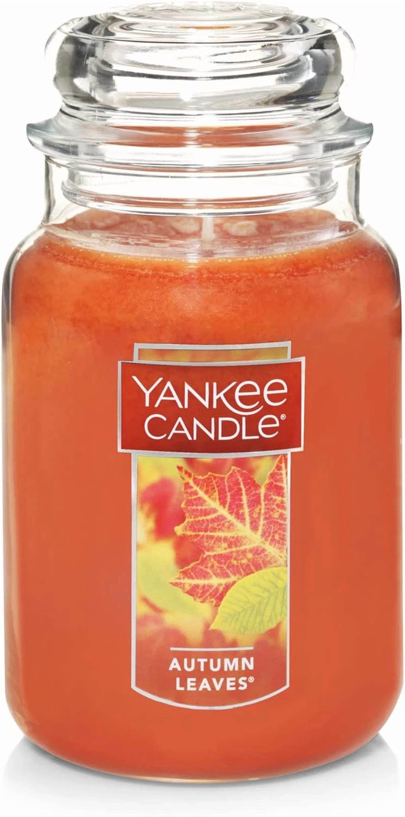 Yankee Candle Autumn Leaves Large Original Jar Candle with a Metal Leaves Jar Candle Holder with a Wooden Base 2-pc Set