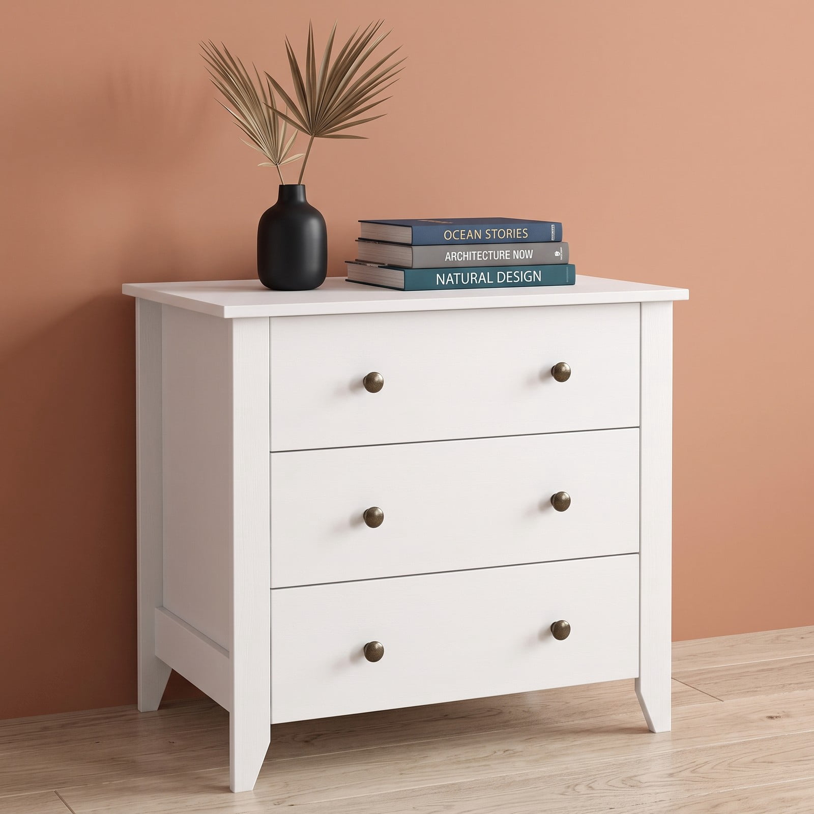 Furnibear 3-Drawer Dresser Chest and Bedside Table with Mute Slide Guides and Antique Brass Knobs for Bedroom and Entryway, White