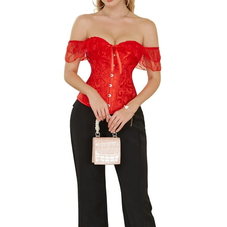 

Mubineo Women Lace Corset Tops Solid Color Elegant Bandage Button Short Sleeve Off-shoulder Tops Streetwear