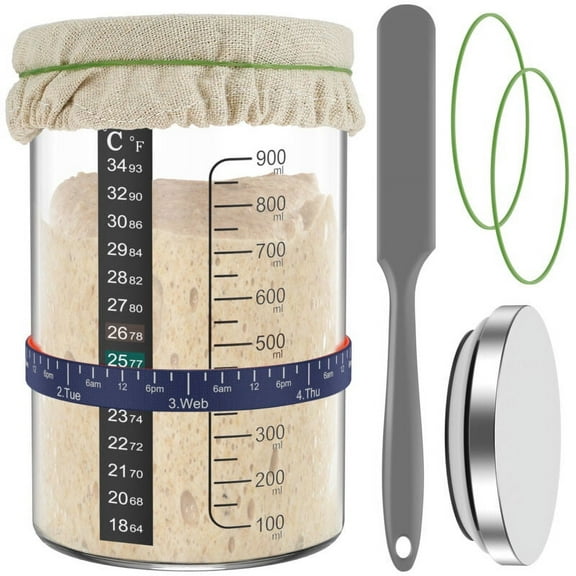 Qenwkxz 5pcs Sourdough Starter Jar Kit with Scale 900ml Large Capacity Sourdough Starter Container with Stainless Steel Lid Spatula Feeding Band Reusable Glass Sourdough Fermentation Jar for Baking