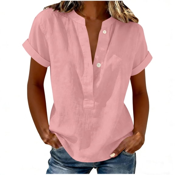GUACER Womens Short Sleeve Cotton Linen Shirts Button Down V Neck Blouses Loose Fit Casual Summer Tunic Tops
