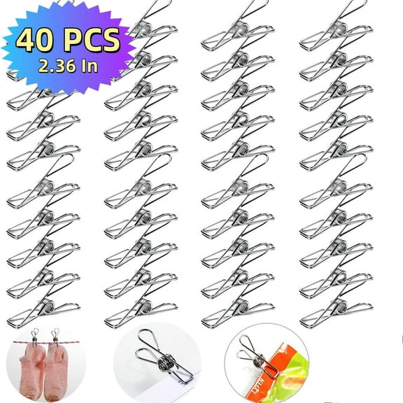 Kabuer 40Pcs Stainless Steel Clothes Pins, 2.36In Heavy Duty Laundry Clip for Hanging, Outdoor Clothesline, Snack Bags, Towel, Pictures, Office