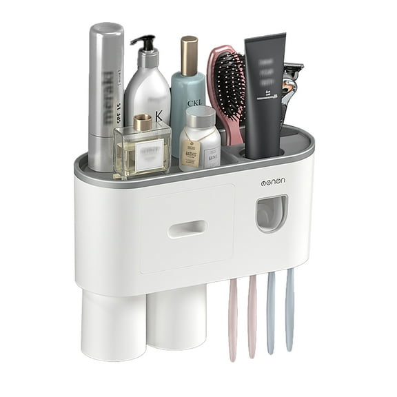 Hayzbao Wall-Mounted Toothbrush Holder with Automatic Toothpaste Dispenser, Magnetic Cup, and Large Capacity Storage for Bathroom - Plastic, White