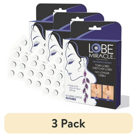 (3 pack) Lobe Miracle- Clear Earring Support Patches - Earring Backs For Droopy Ears, Torn or Stretched Ear Lobes (60 Patches)