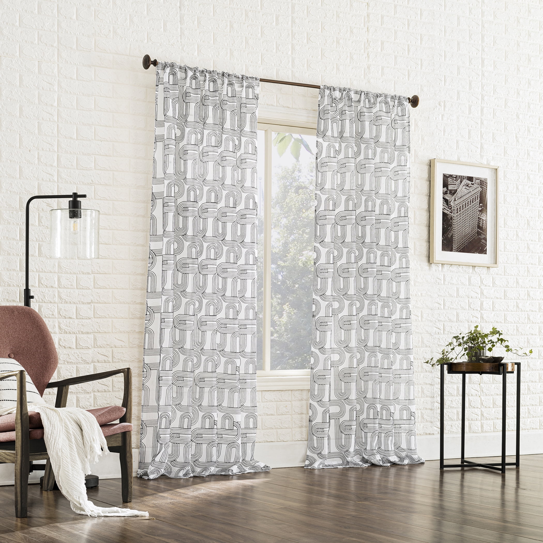 No. 918 Kaz Embroidered Retro Curves Sheer Curtain Panel, 1-Piece Rod Pocket Indoor Window Panel, 50”x63", Black/White