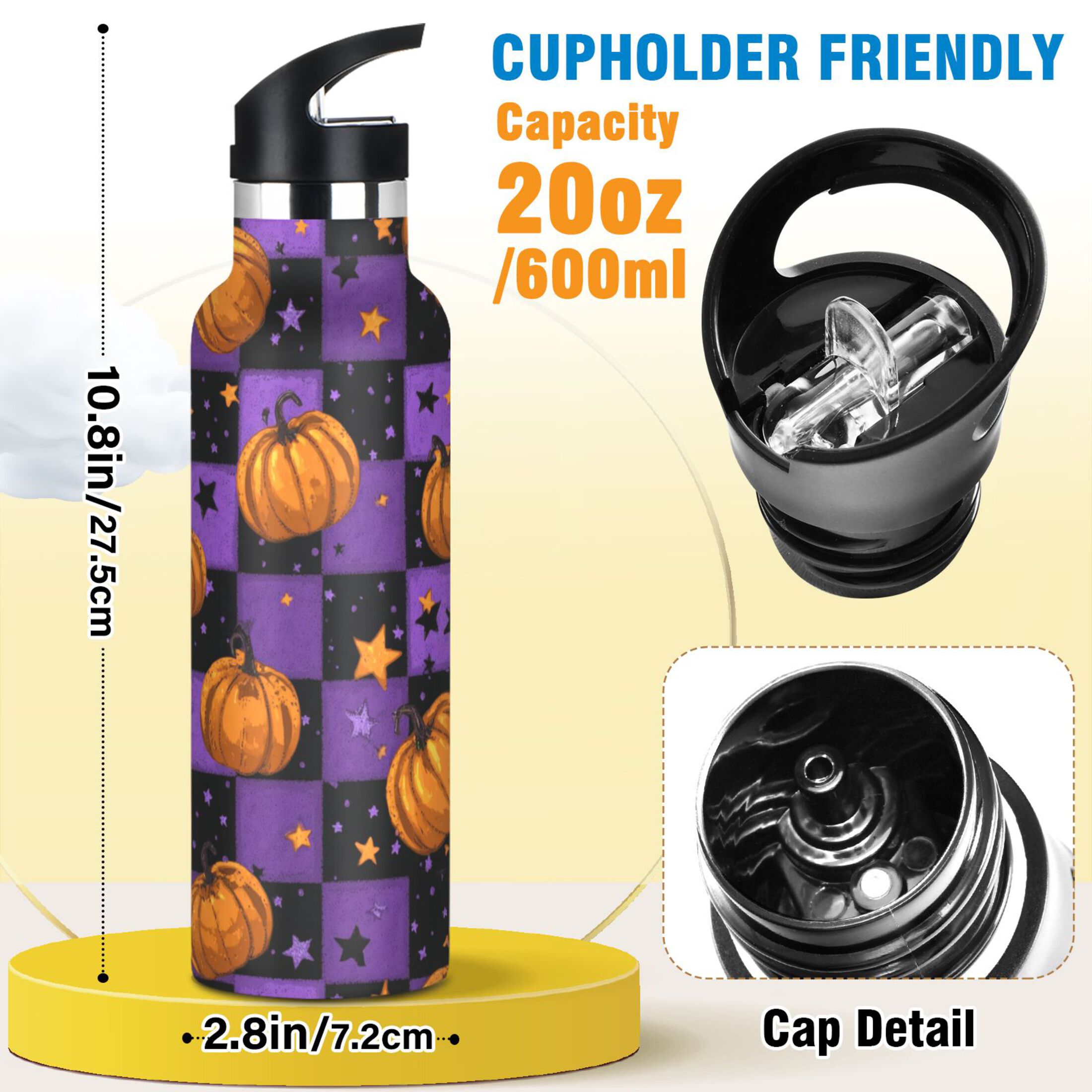 Kids Insulated Stainless Steel Sports Water Bottle 600ml (20oz) Pumpkins and Stars